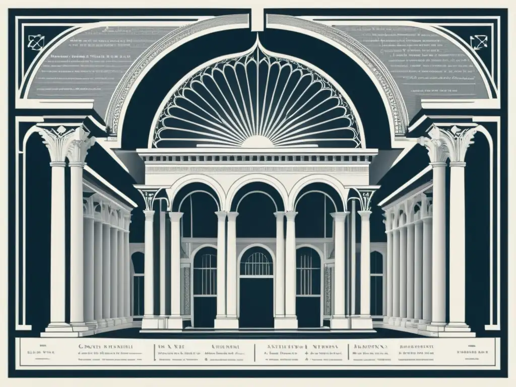 Una compleja representación arquitectónica en blanco y negro de un poema, con líneas y estrofas formando una estructura grandiosa, capturando la esencia de 'Figuras de construcción poética'
