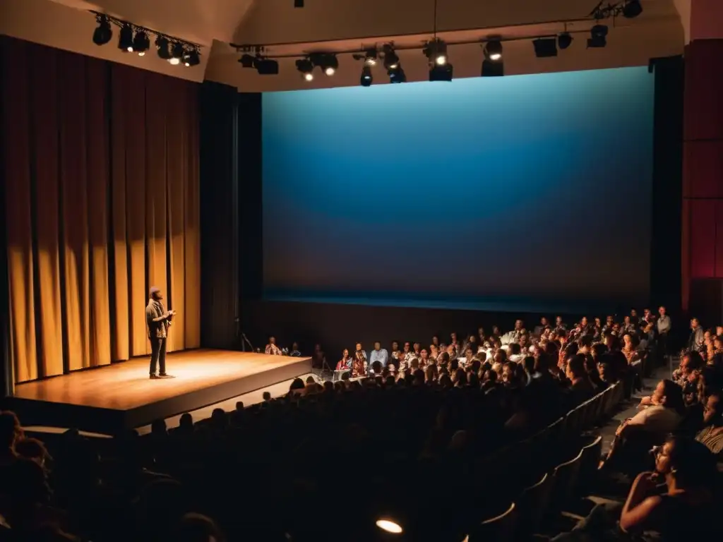 En el concurrido auditorio de un festival de Slam Poetry, un apasionado poeta cautiva a un diverso público con su emotiva actuación