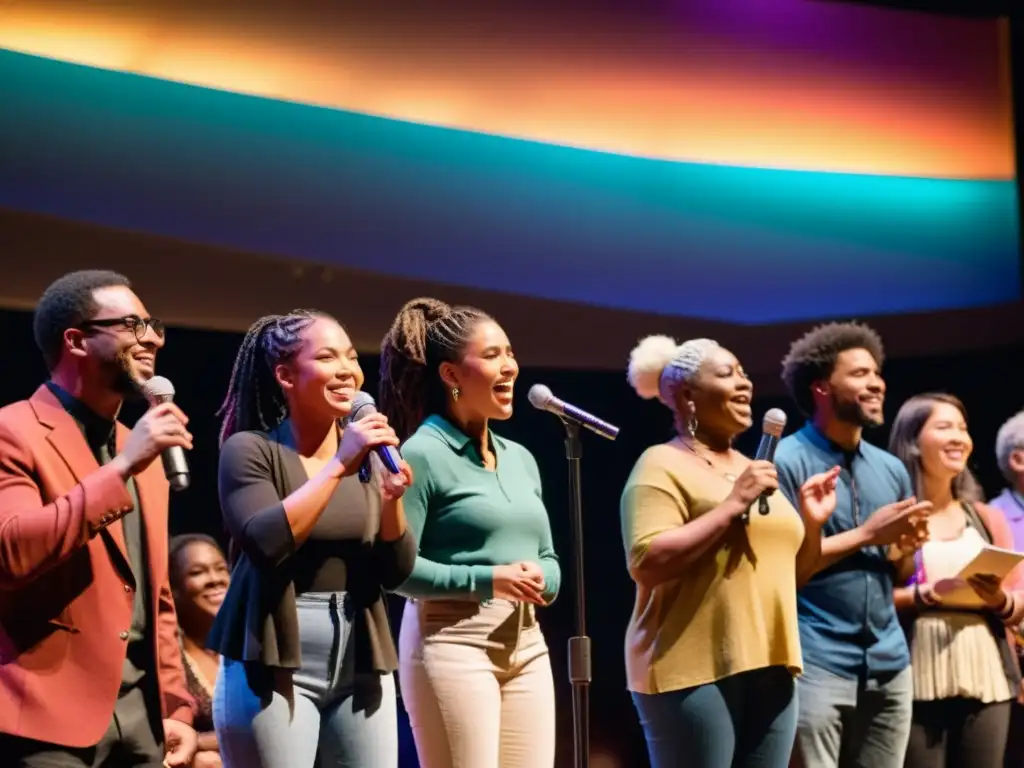 Concursos de poesía inclusiva diversa: Poetas de distintas culturas recitan con pasión en un escenario iluminado y colorido, rodeados de un público diverso y sonriente