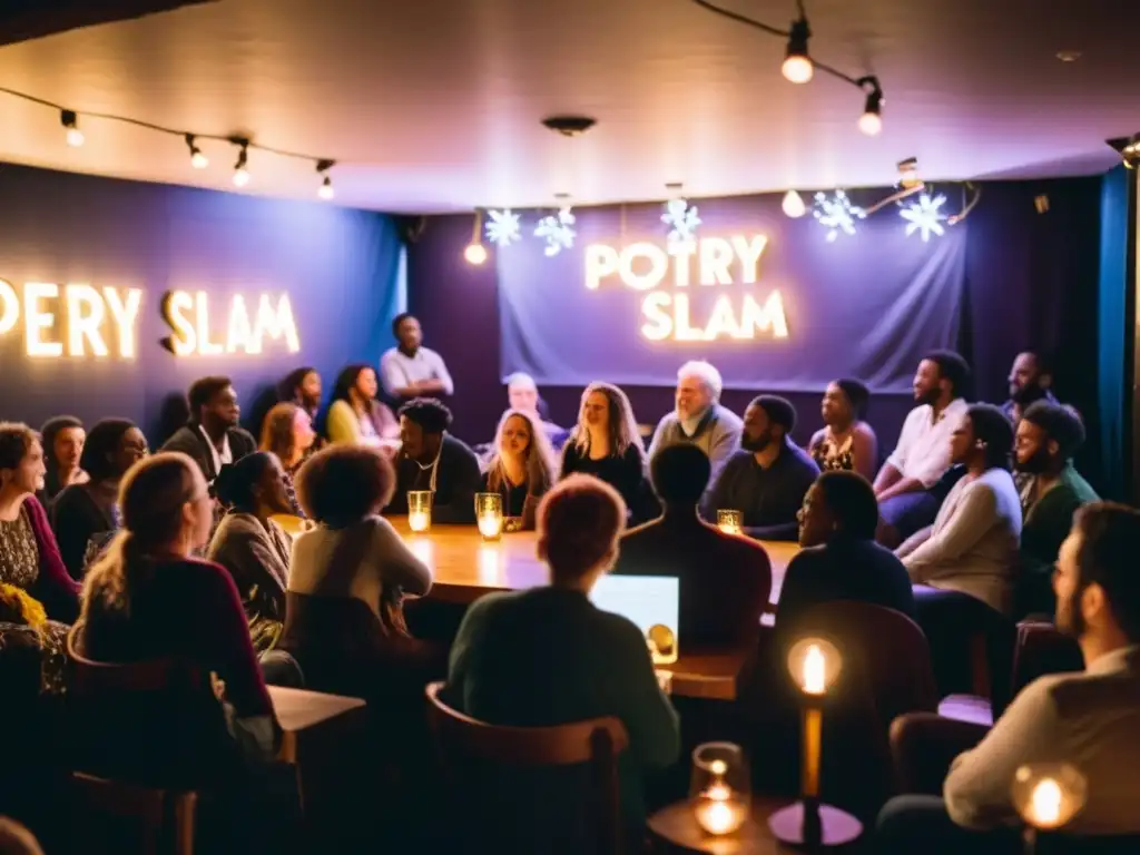 Concursos de poesía en redes: Intenso slam de poesía en un café íntimo, con poetas apasionados recitando bajo luces de hadas y una audiencia cautivada