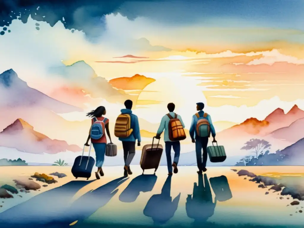 Una conmovedora pintura acuarela de individuos diversos caminando hacia un amanecer, simbolizando la poesía sobre experiencias migratorias