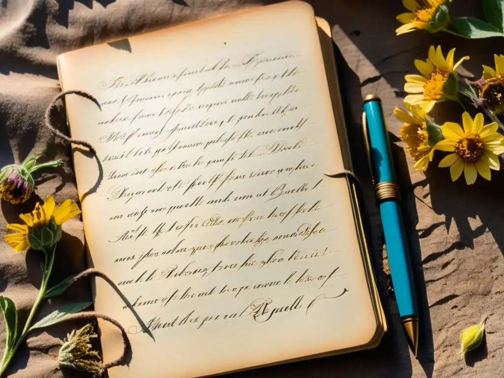 Un cuaderno envejecido con versos poéticos manuscritos y anotaciones rodeado de flores secas y una pluma vintage, iluminado por la suave luz del sol