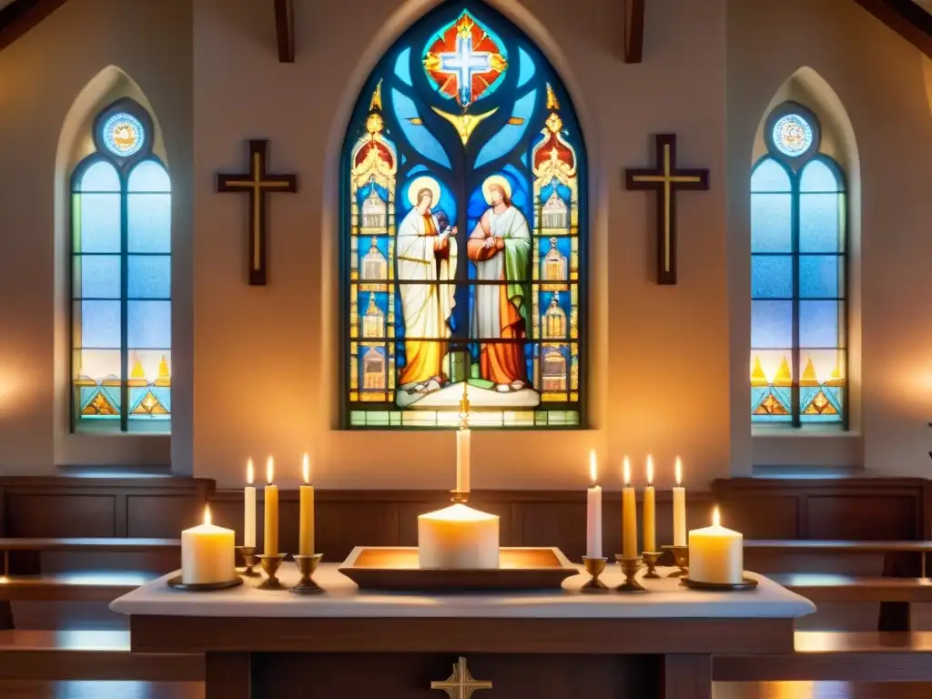 Cuadro acuarela de un altar de iglesia iluminado por velas, con luz solar y vitrales