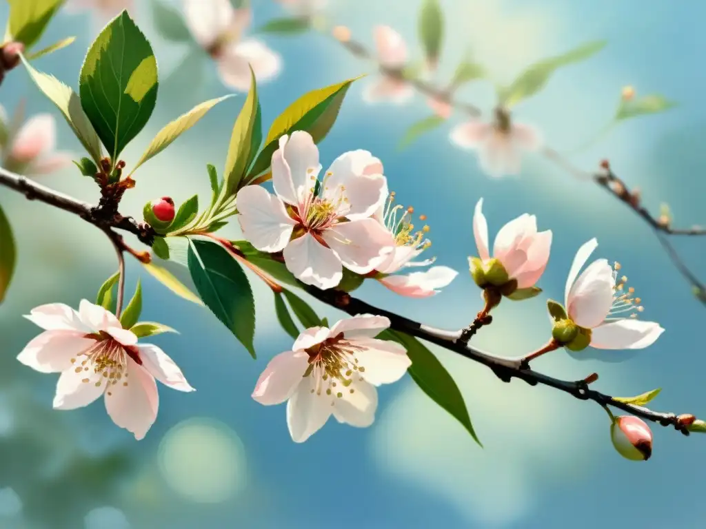 Cuadro de acuarela: ramita de cerezo en flor, delicados pétalos rosados contra cielo azul