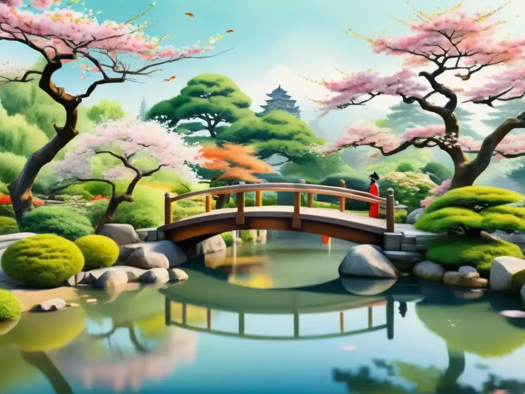 Cuadro de acuarela detallado de un apacible jardín japonés con puente de madera, koi y samurái, evocando la poesía del amor en el Japón feudal