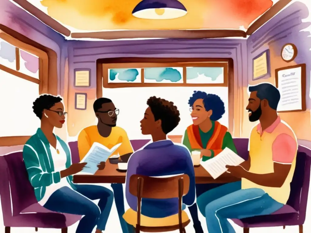 Un cuadro acuarela detallado de una lectura de poesía LGBTQ+ en un café acogedor y tenue