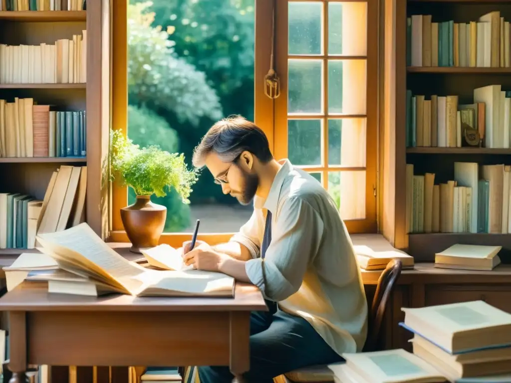 Cuadro de acuarela detallado de un poeta creando en su estudio, rodeado de libros antiguos y una ventana que da a un jardín sereno