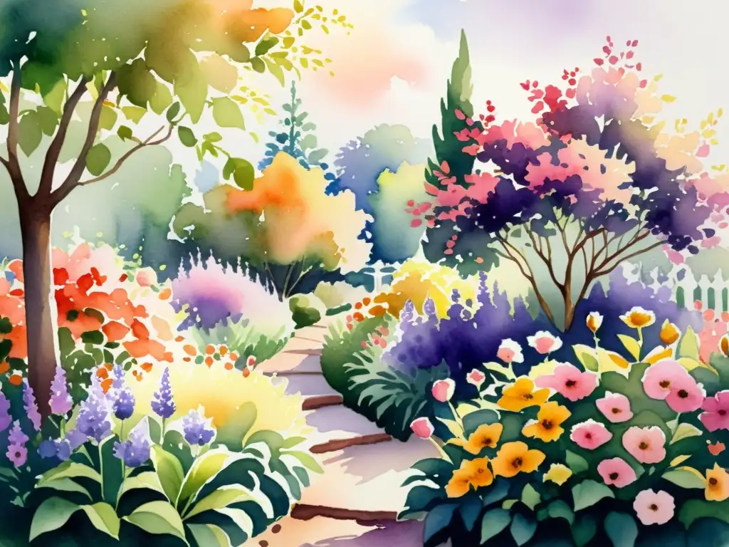 Jardín floreciente en acuarela: Serenidad y belleza Cuadro acuarela de un jardín floreciente con colores vibrantes y atmósfera serena, ideal para curso online poesía sensorial