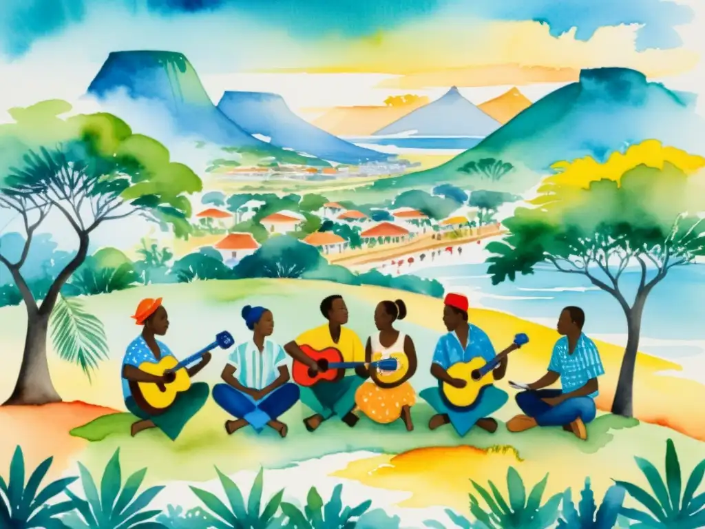 Cuadro de acuarela: gente diversa de Mozambique recitando poesía, tocando instrumentos y expresando paz y unidad