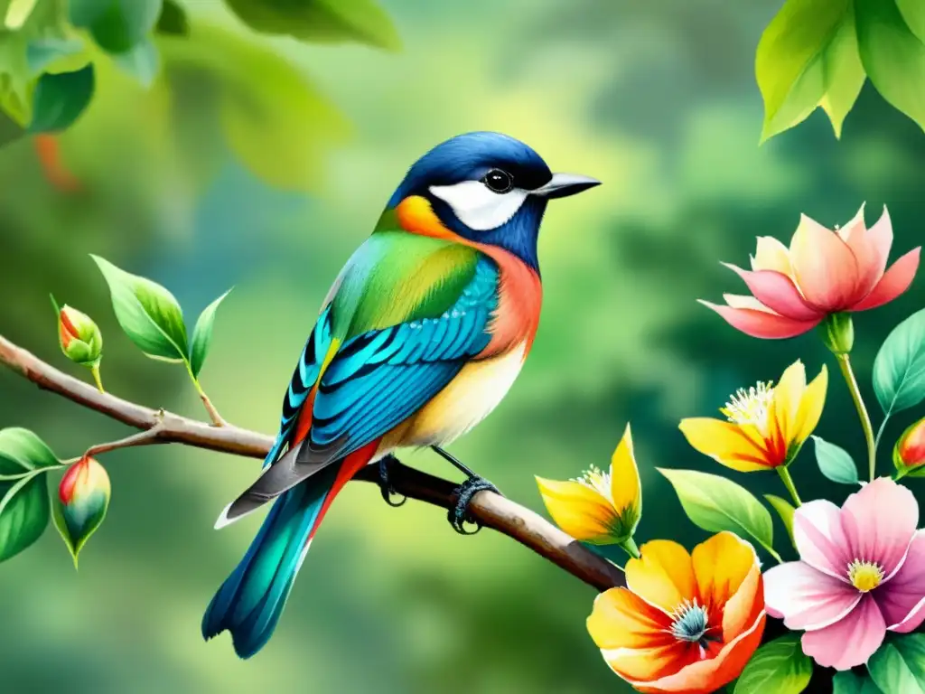 Pintura acuarela: Ave multicolor en rama entre flores y follaje Cuadro de acuarela de un pájaro multicolor entre flores y follaje, evocando belleza y armonía