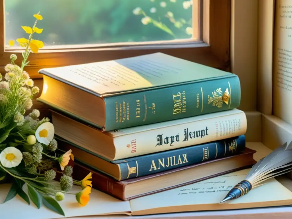 Un cuadro de acuarela muestra una pila de libros antiguos, rodeados de flores silvestres y una pluma vintage