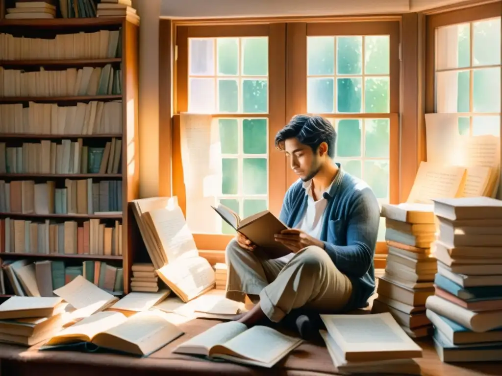 Cuadro acuarela de un poeta reflexivo en su estudio, rodeado de libros y poesía escrita a mano, inspirando a desarrollar marca personal poesía