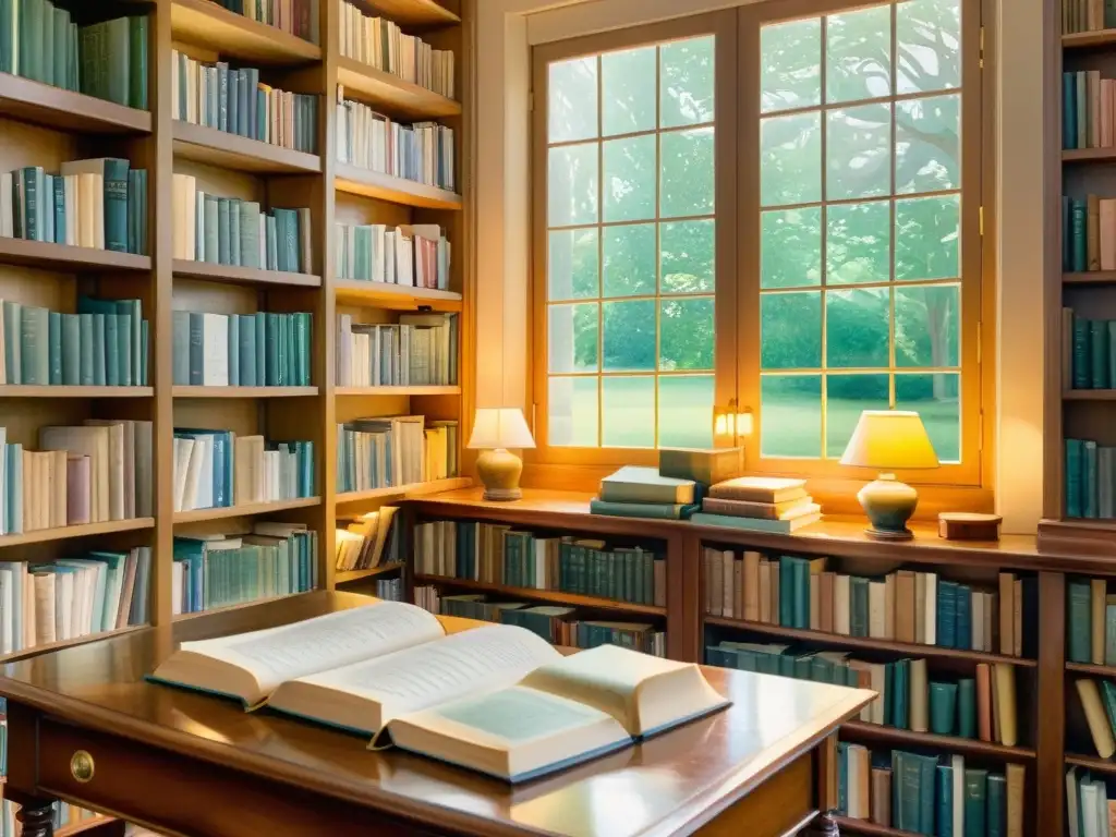 Un cuadro acuarela de una serena escena de biblioteca con libros de poesía clásica, luz dorada y escritorio de escritor