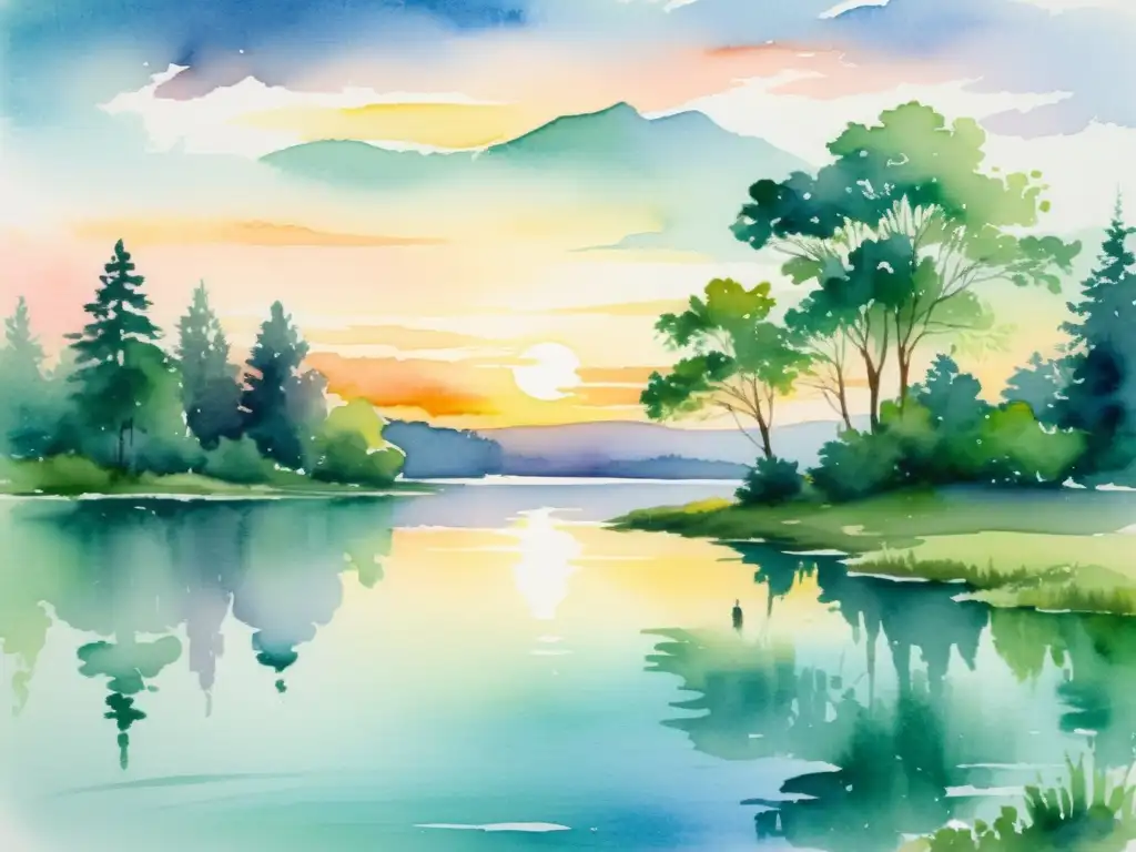 Pintura acuarela: poeta junto al lago al atardecer Un cuadro acuarela sereno de un escenario tranquilo junto al lago, con árboles verdes reflejados en el agua calmada