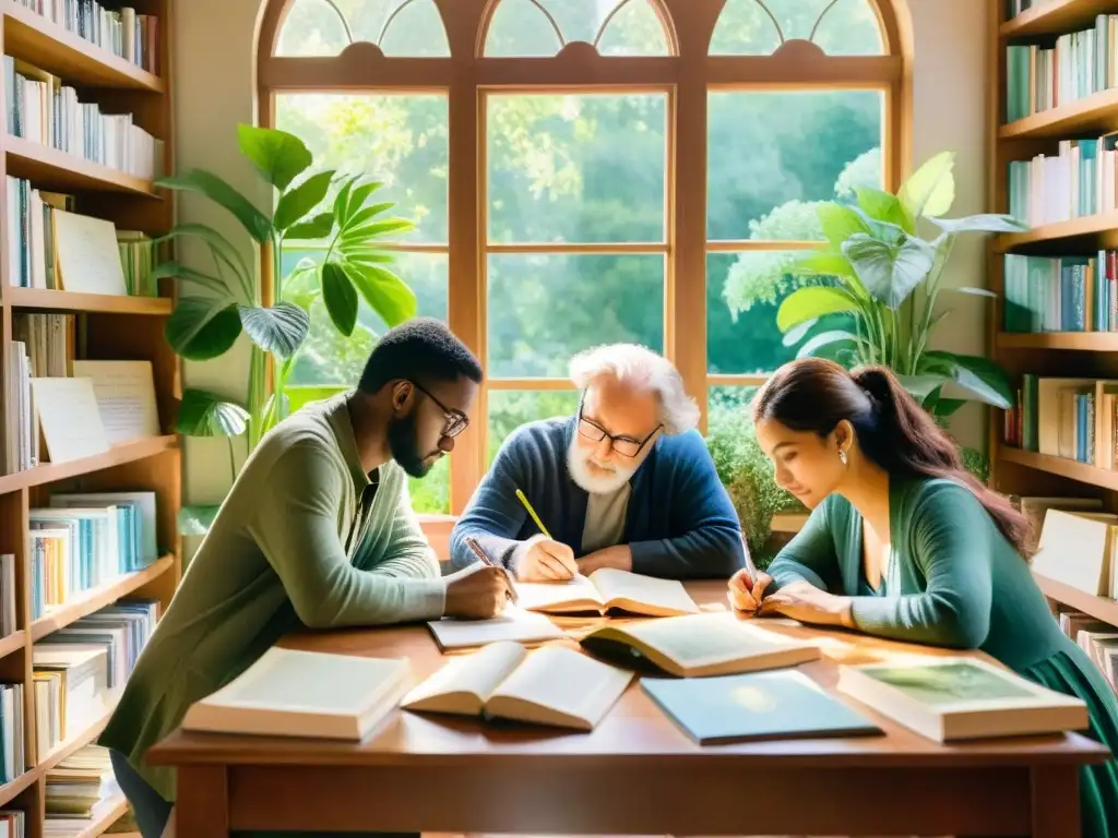 Un cuadro acuarela sereno de poetas escribiendo en una habitación colorida y llena de luz, rodeados de naturaleza inspiradora
