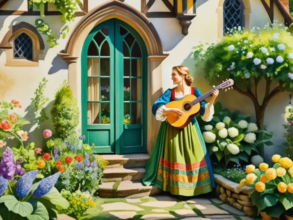 Cuadro acuarela 8k: tradición lírica amorosa Minnesang alemán cobra vida en jardín medieval vibrante con flores y serenata bajo el sol