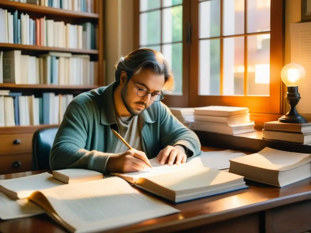 Cuadro acuarela: poeta traduce poesía, conexión cultural, luz cálida, dedicación artística