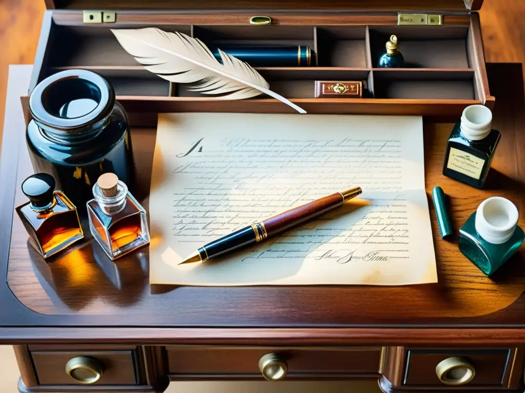 Un cuadro detallado en acuarela de un escritorio vintage de madera, con elegantes plumas, tinteros y papel pergamino