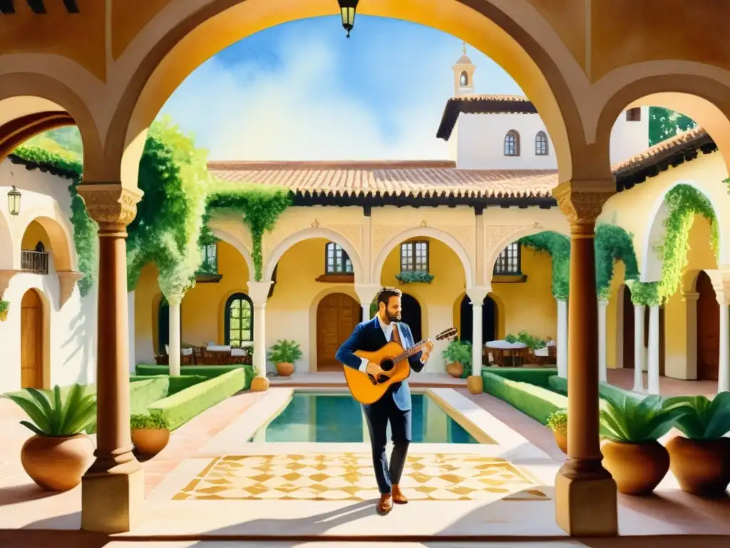 Un cuadro detallado de un patio histórico español con un músico tocando una lira, rodeado de arcos elegantes, azulejos intrincados y exuberante vegetación