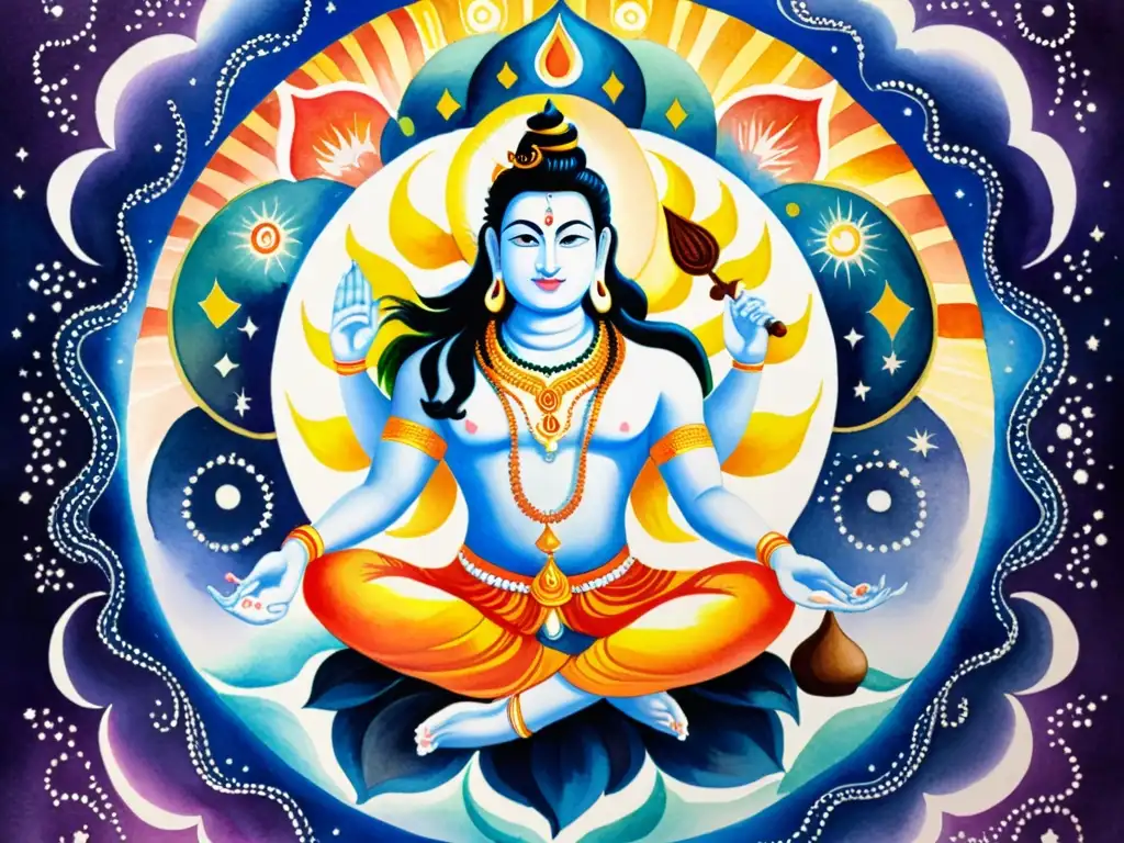 Cuadro de Shiva en meditación rodeado de energías cósmicas y seres celestiales, evocando la poesía sánscrita y la mitología deidades demonios