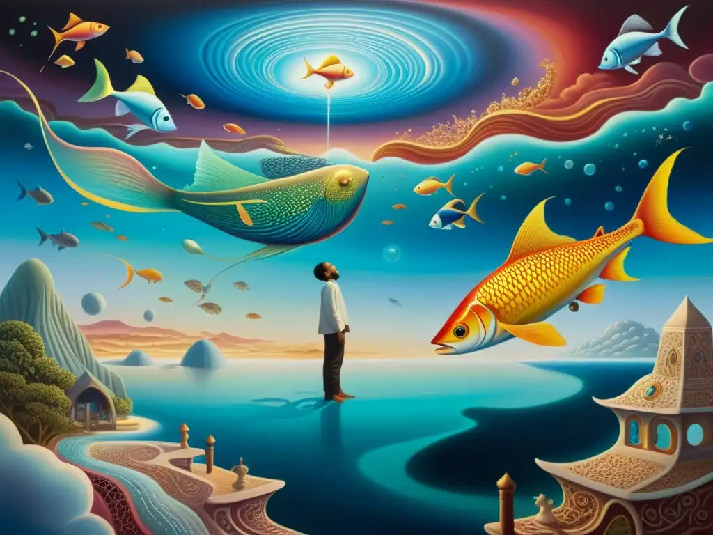 Cuadro surrealista con influencia junguiana, repleto de colores vibrantes y simbolismo onírico como peces voladores y figuras enigmáticas