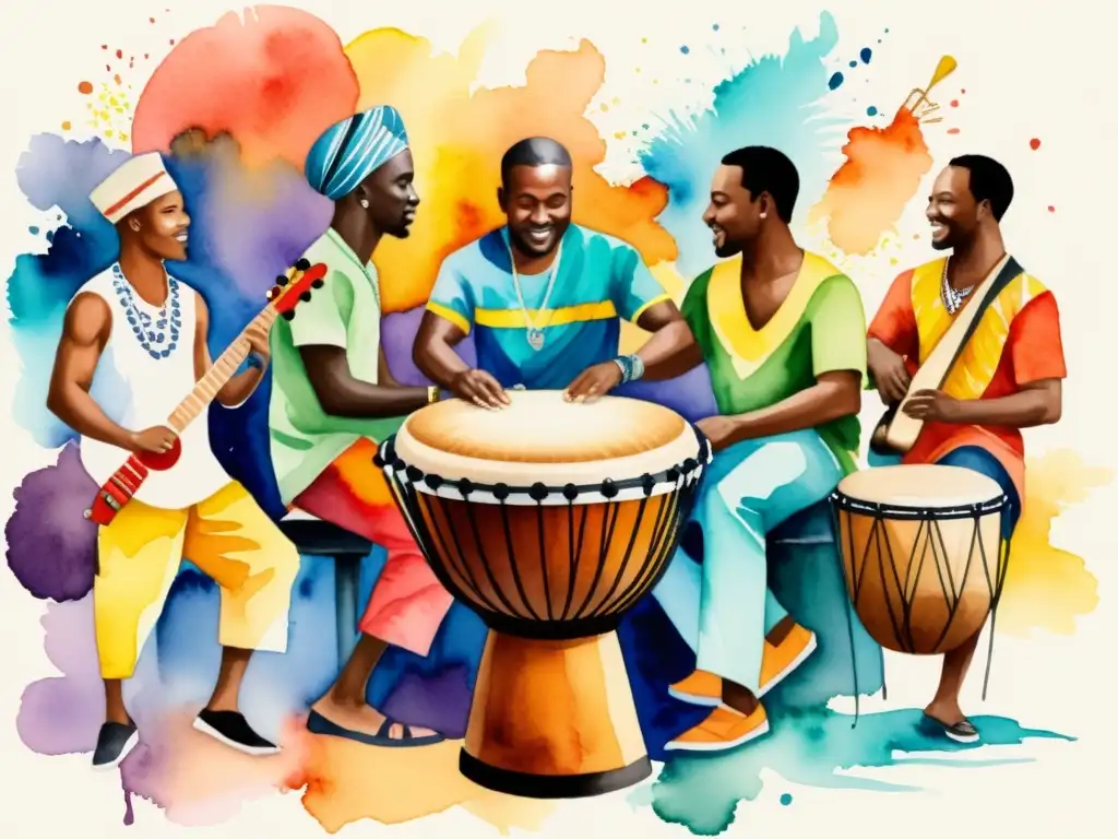 Un cuadro acuarela vibrante con un tambor africano rodeado de músicos de diferentes culturas, fusionando poesía africana y música mundial en armonía