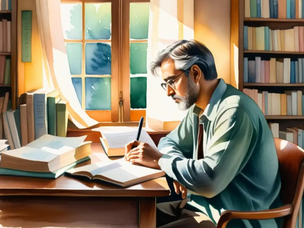 Una delicada acuarela de un poeta reflexivo en su escritorio, rodeado de libros y papeles