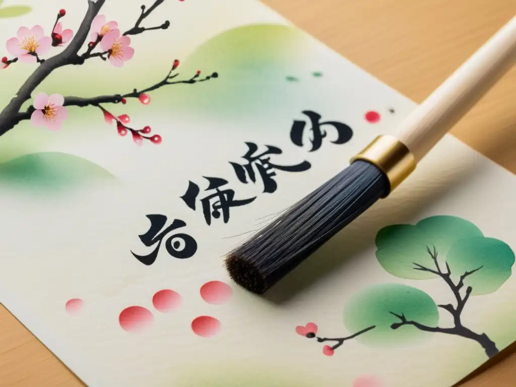 Una delicada imagen de un pincel japonés pintando un haiku en papel washi, con detalles de cerezos y paisaje