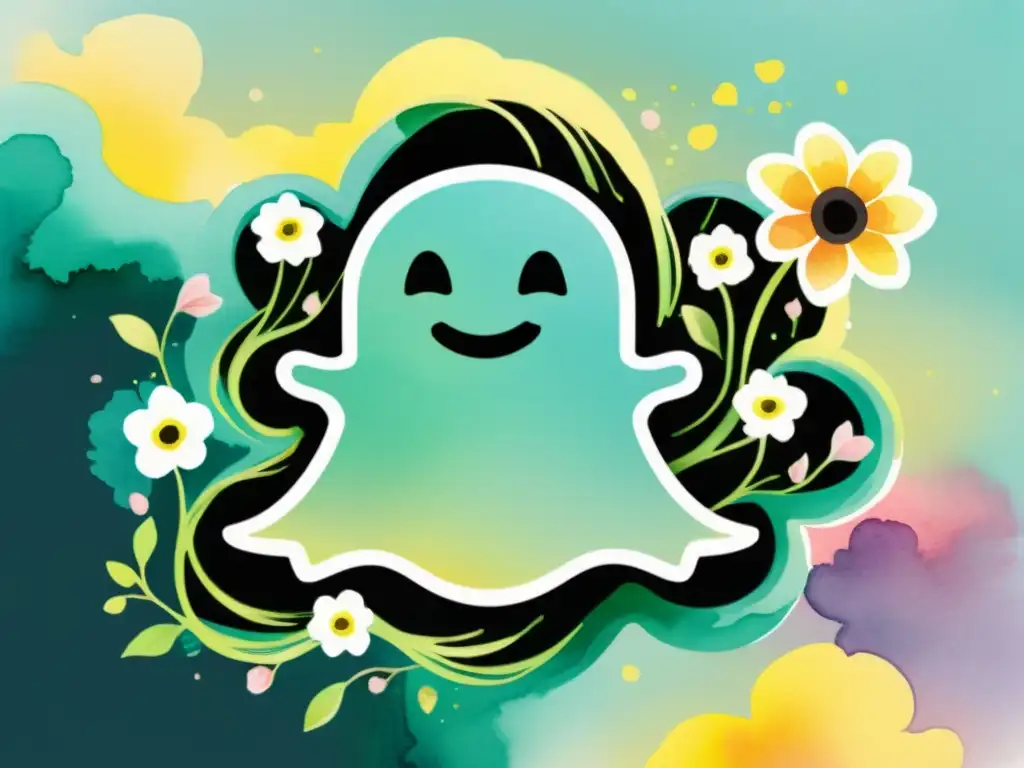 Delicada poesía en Snapchat, con el logo de un fantasma adornado con flores y líneas que desaparecen en acuarela vibrante y expresiva