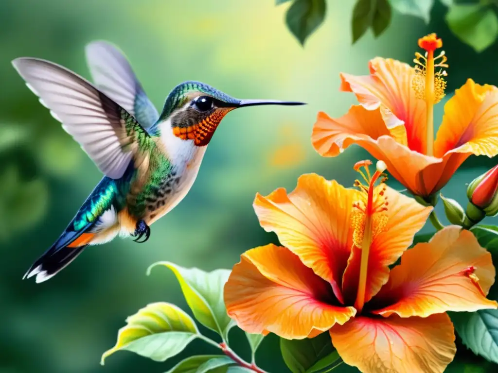 Una delicada pintura acuarela de un colibrí sorbiendo néctar de una vibrante flor de hibisco naranja