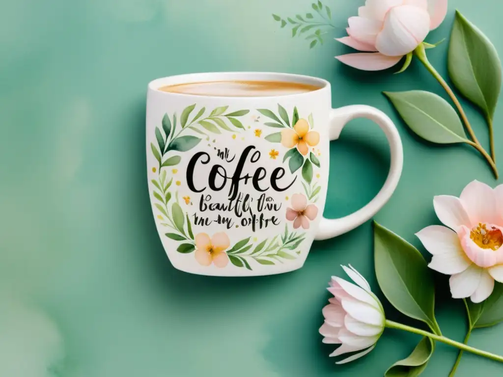 Delicada pintura acuarela de una taza de café con versos inspiradores, rodeada de flores pastel