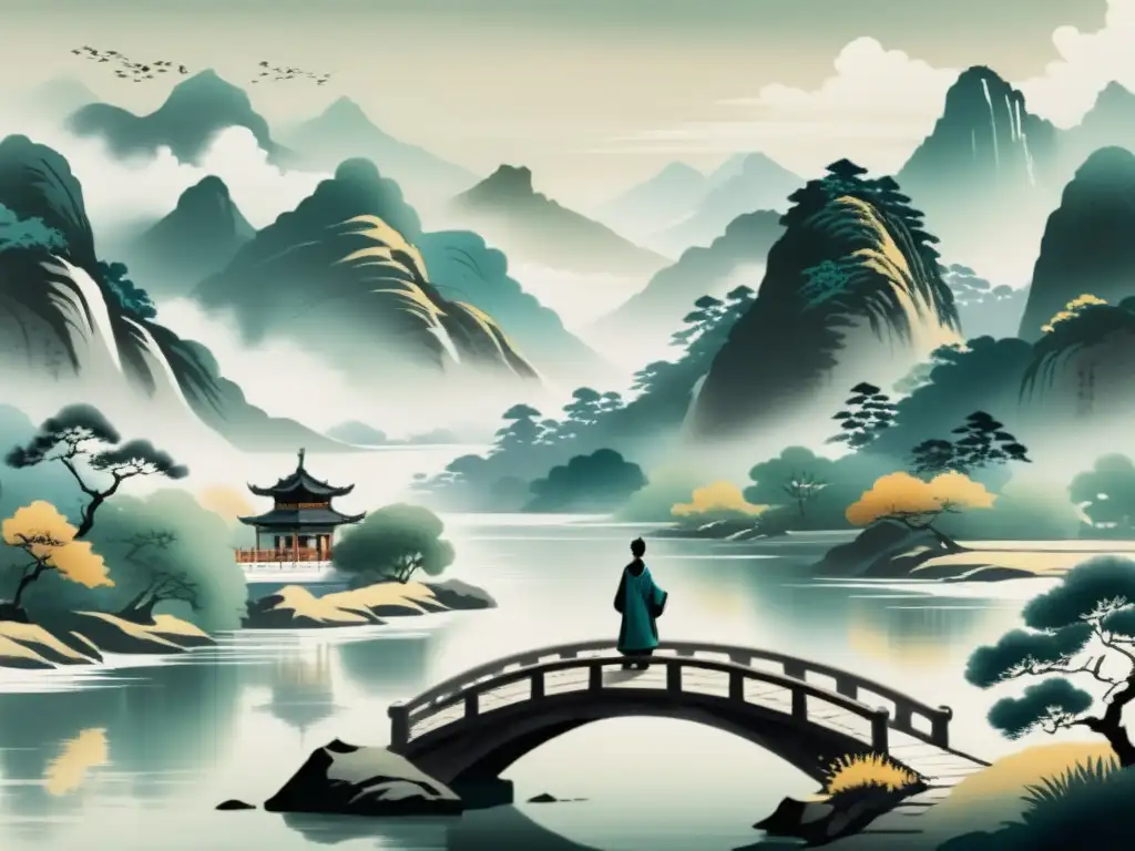 Delicada pintura china de paisaje antiguo con montañas envueltas en niebla, río tranquilo y figura contemplativa en un puente