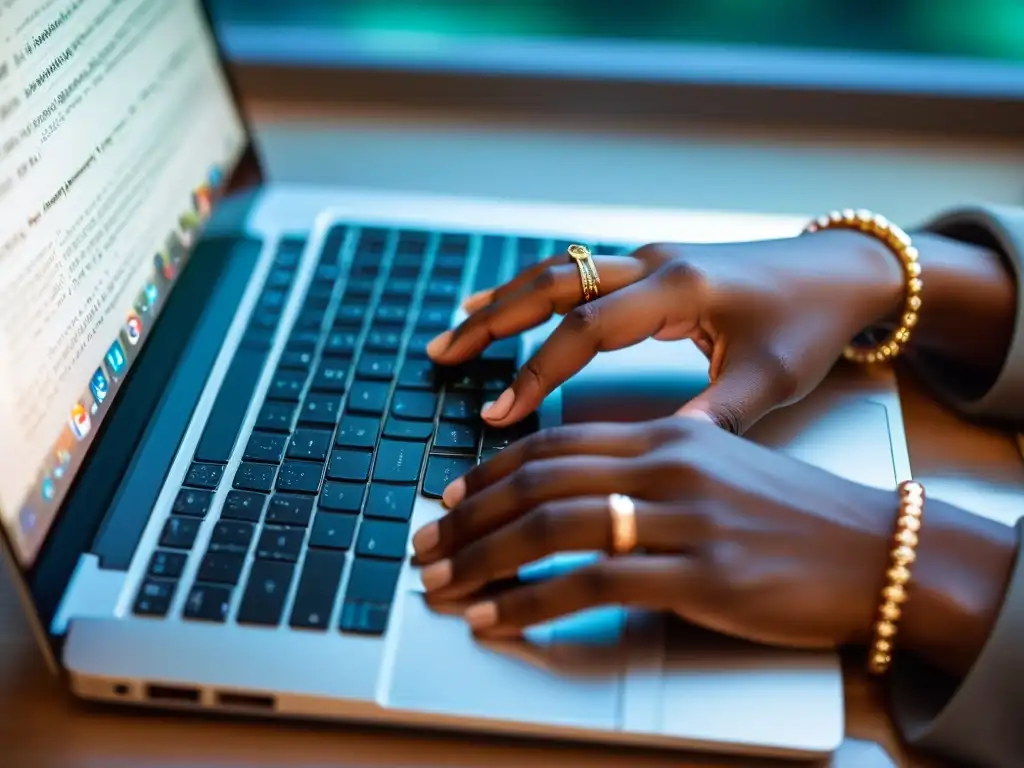 Las delicadas manos del poeta crean versos en su moderna laptop, iluminado por una cálida luz dorada