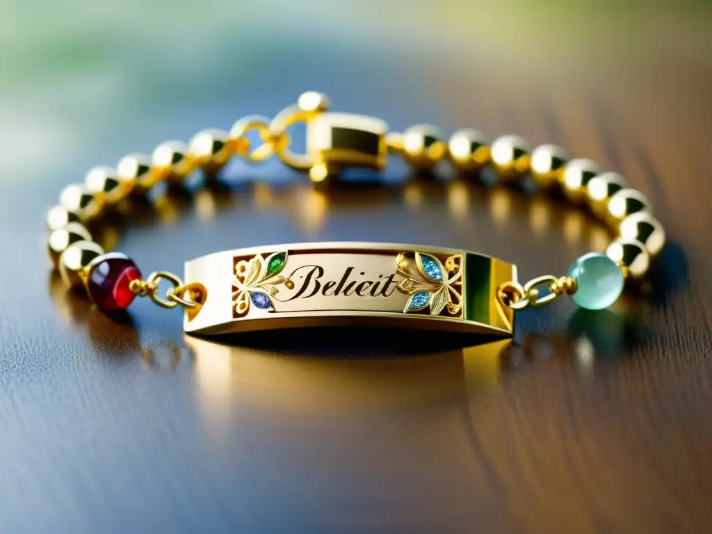 Un delicado brazalete dorado con inscripción poética, adornado con gemas y detalles florales, refleja una luz suave en superficie de madera pulida