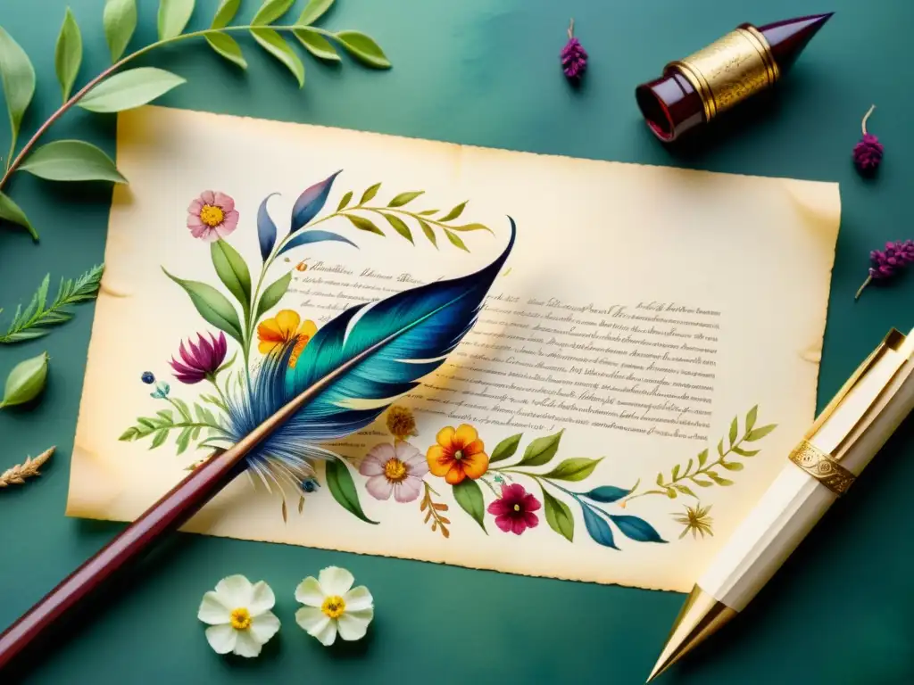 Un delicado cuadro de acuarela que muestra una pluma escribiendo poesía en un pergamino rodeado de exuberantes motivos florales en tonos profundos