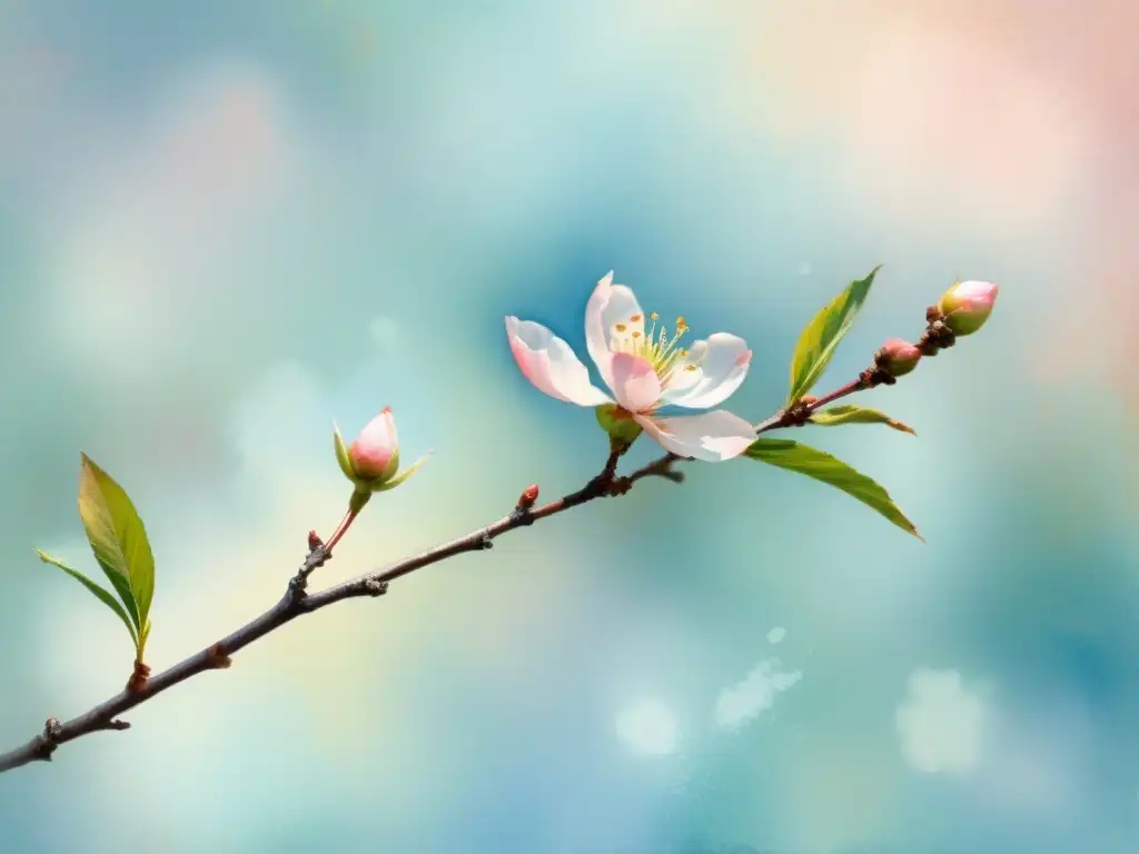 Un delicado cuadro de acuarela de una rama de cerezo en flor, con detalles intrincados en cada pétalo y un suave fondo etéreo de azules y rosas