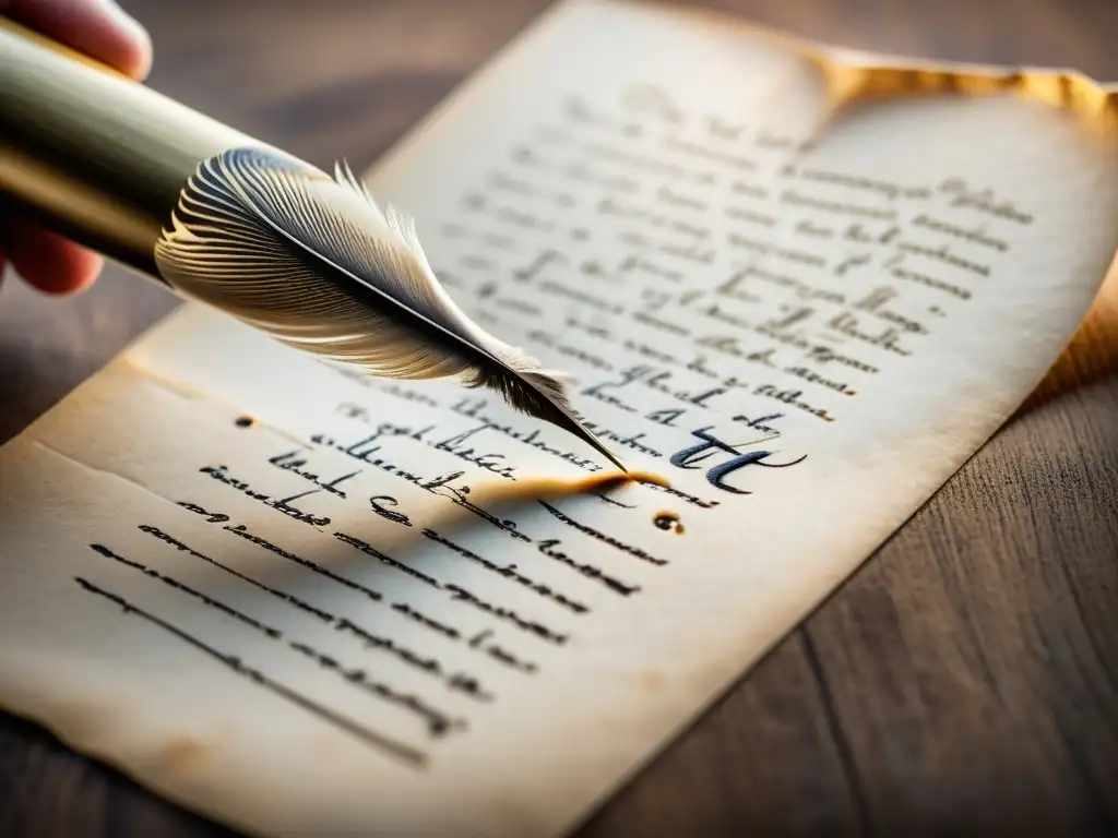 Un delicado y detallado close-up de una pluma de escribir, trazando con elegancia una línea de poesía en pergamino