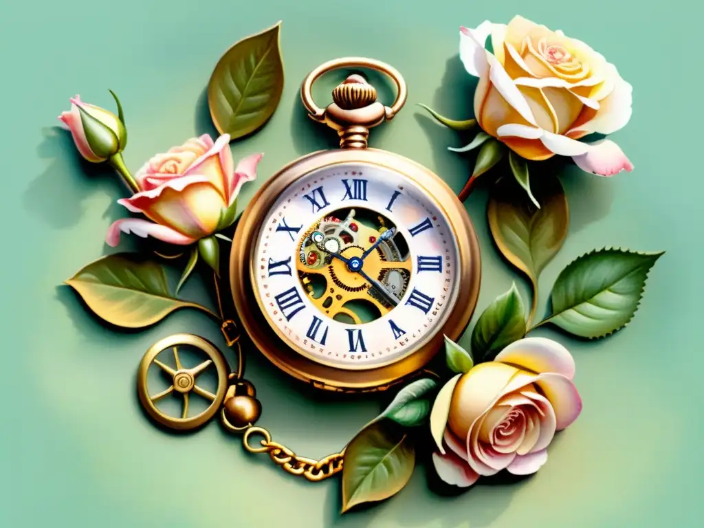 Un delicado reloj de bolsillo entre rosas en acuarela, con sus mecanismos visibles y tonos pastel, evocando relojes con inspiración poética