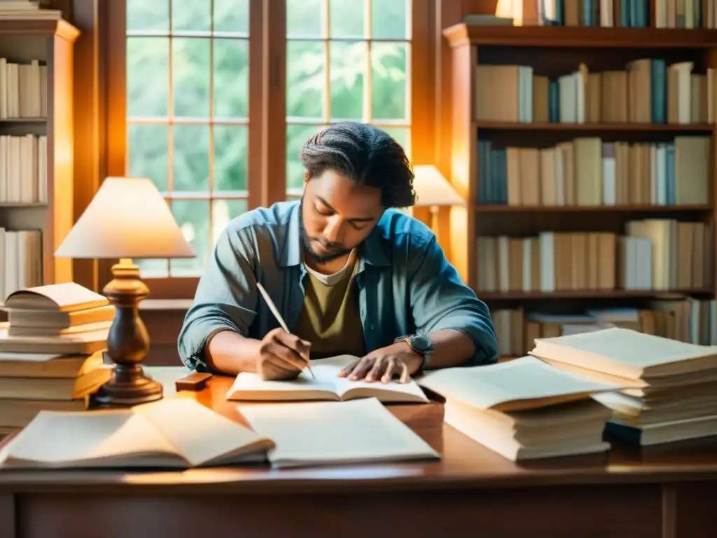 Derechos de autor en poesía mundial: Pintura serena de un poeta escribiendo en su escritorio, rodeado de libros y papel, iluminado por la luz natural