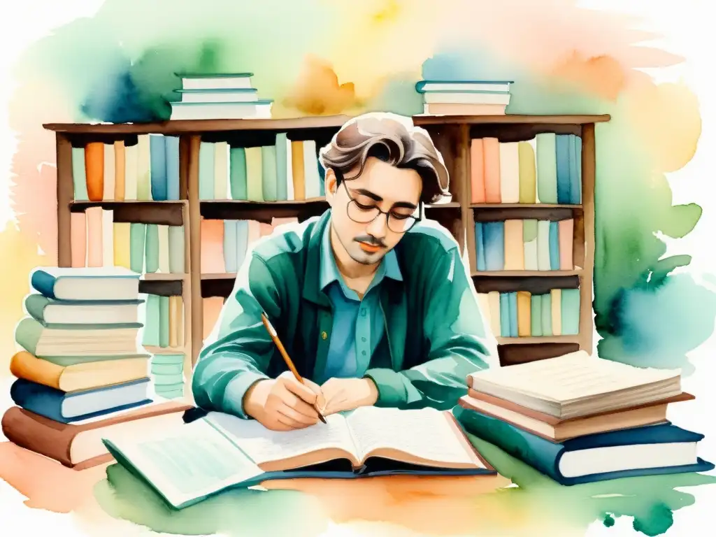 Derechos de autor en poesía transformada: Pintura serena de un poeta rodeado de libros y papel, con colores pastel que crean una atmósfera tranquila y detalles que capturan la esencia de la creatividad