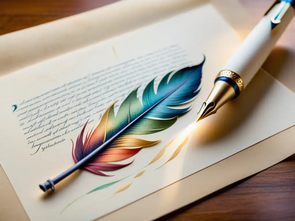 Derechos de autor en poesía transformada: una acuarela serena con una pluma creando un poema en pergamino, suave luz y colores vibrantes