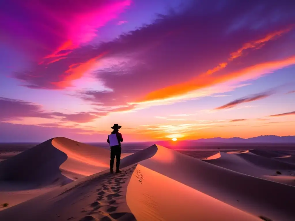 Poesía indígena del desierto: poeta solitario contemplando el atardecer en el vasto paisaje desértico, bajo un cielo de tonos naranja, rosa y morado