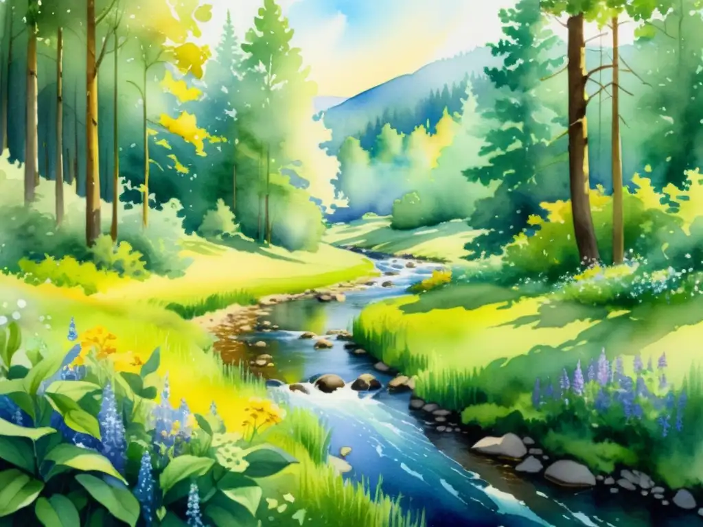 Una deslumbrante pintura acuarela de un sereno claro de bosque, con exuberante follaje verde, delicadas flores silvestres y un arroyo cristalino