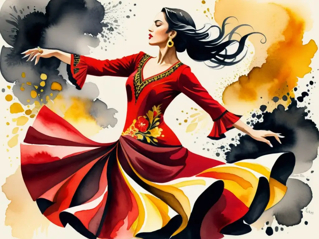 Deslumbrante pintura acuarela detallada de una bailarina de flamenco en un vestido rojo vibrante, con patrones y motivos españoles