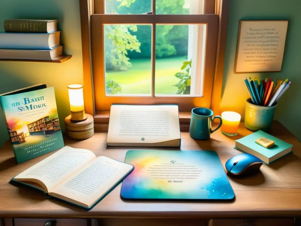 Detallada acuarela de un acogedor rincón de estudio con escritorio de madera y almohadilla de ratón literaria, iluminado por la luz del sol