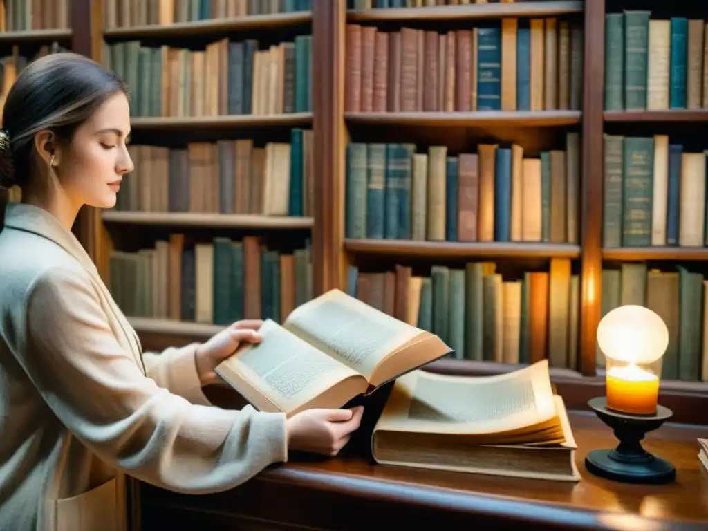 Detallada acuarela de una antigua biblioteca iluminada, donde se descubre una poesía inédita del Siglo de Oro entre libros y manuscritos