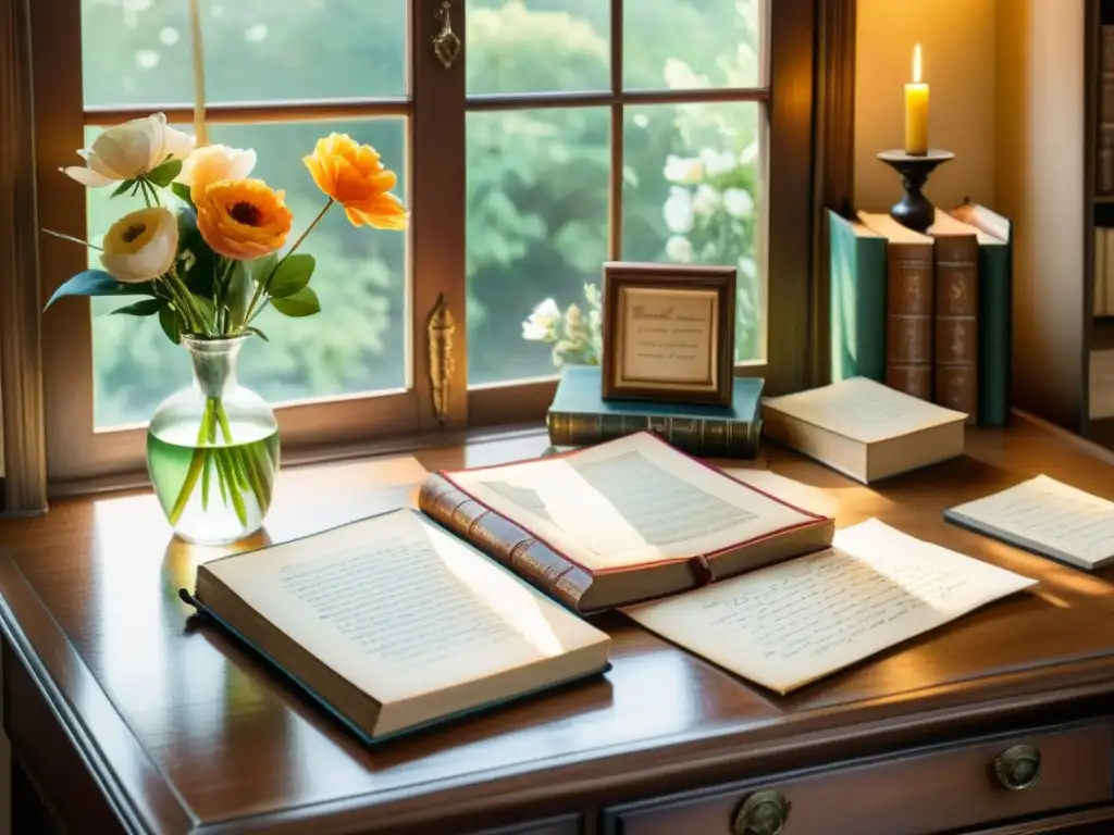 Detallada acuarela de un antiguo escritorio con manuscritos poéticos, pluma, tintero y flores, bañado en cálida luz natural