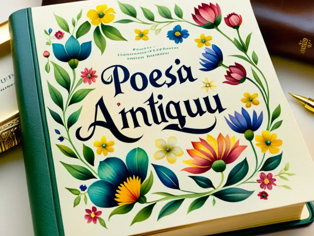 Detallada acuarela de un antiguo libro de poesía con flores y pergamino, capturando la belleza de los libros de poesía antiguos