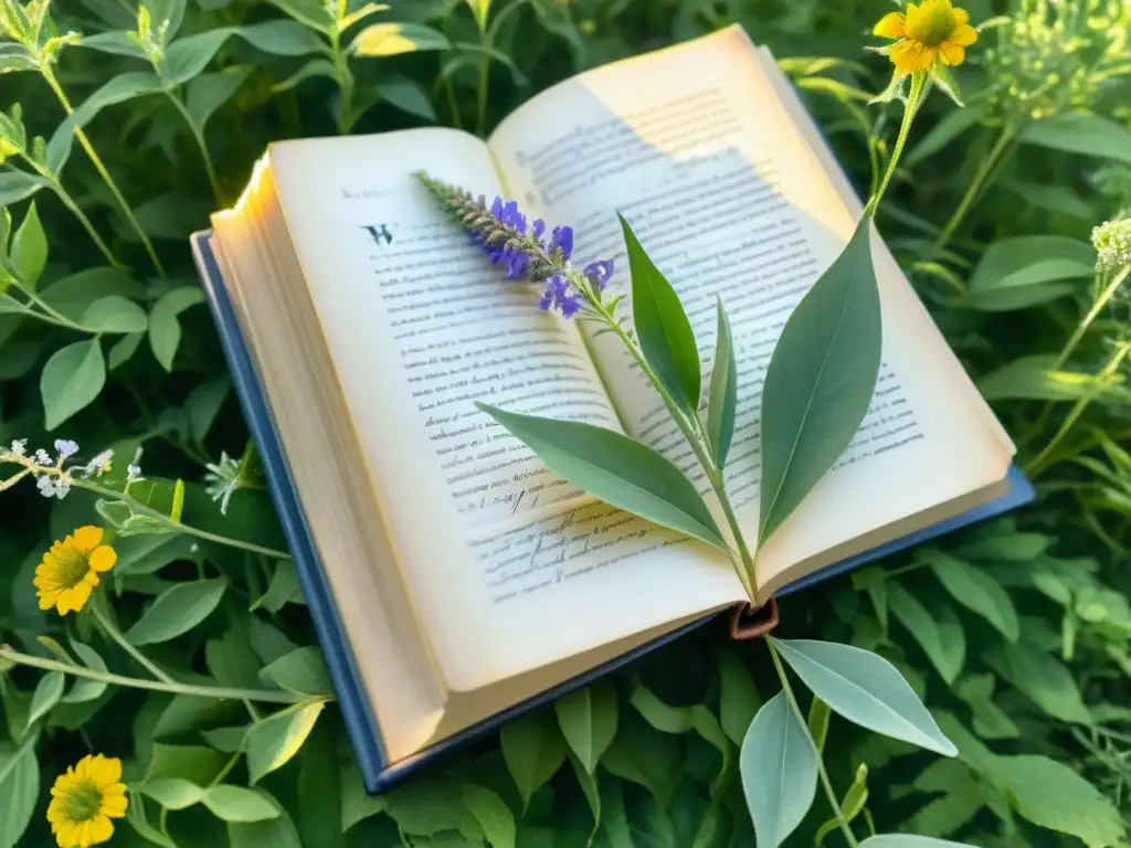 Detallada acuarela de un antiguo libro rodeado de flores, hojas y luz, evocando obras poesía trascendentes épocas culturas