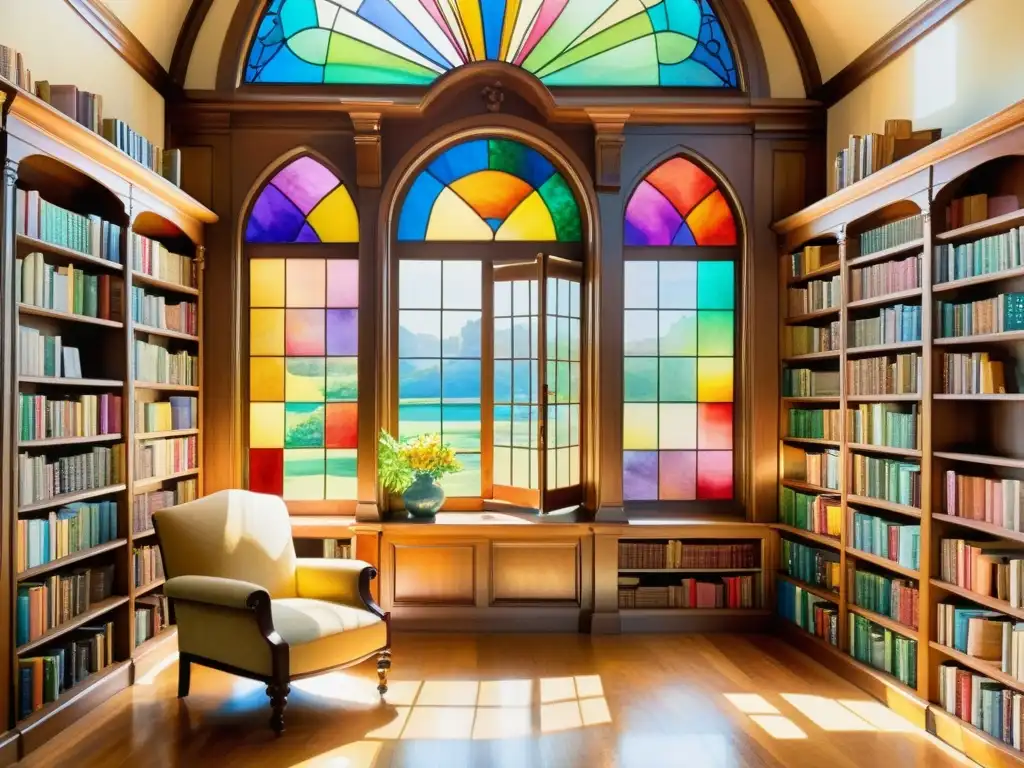 Detallada acuarela de una biblioteca atemporal llena de libros de poesía innovadora, con colores vibrantes que representan la creatividad